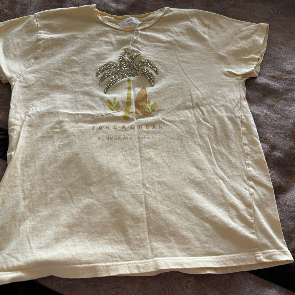 MNG Mango girls 13-14Y Yellow Tshirt with Palm Tree Rhinestone